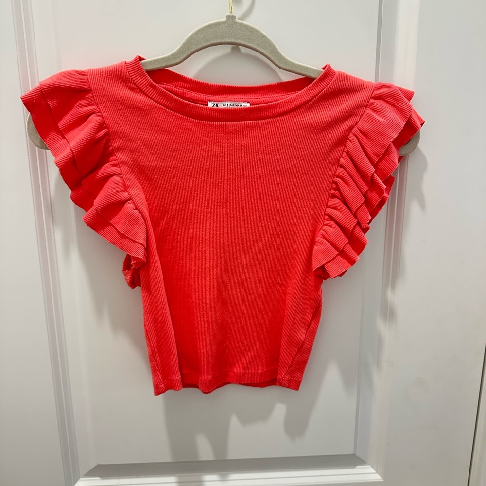 Zara Coral Ruffle Sleeve Crop Top